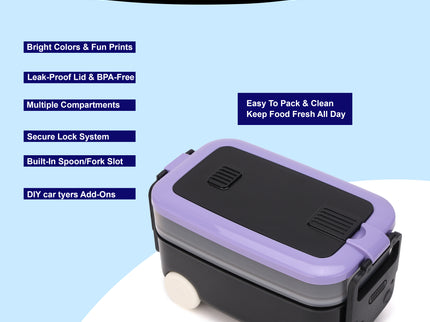 DIY Car Shape Plastic Lunch Boxes with spoon and fork| 2 Compartment at one layer and 1 compartment in bottle layer|Leakproof Bento Box for School Picnic Office Boys and Girls - BPA Free - 2-Side Lock