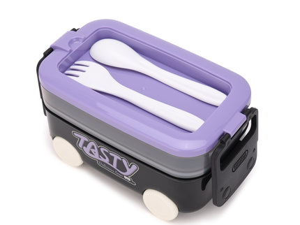 DIY Car Shape Plastic Lunch Boxes with spoon and fork| 2 Compartment at one layer and 1 compartment in bottle layer|Leakproof Bento Box for School Picnic Office Boys and Girls - BPA Free - 2-Side Lock
