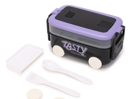 DIY Car Shape Plastic Lunch Boxes with spoon and fork| 2 Compartment at one layer and 1 compartment in bottle layer|Leakproof Bento Box for School Picnic Office Boys and Girls - BPA Free - 2-Side Lock