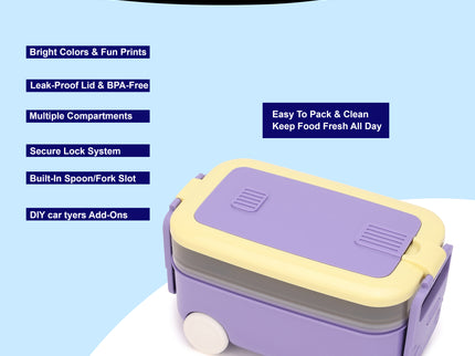 DIY Car Shape Plastic Lunch Boxes with spoon and fork| 2 Compartment at one layer and 1 compartment in bottle layer|Leakproof Bento Box for School Picnic Office Boys and Girls - BPA Free - 2-Side Lock