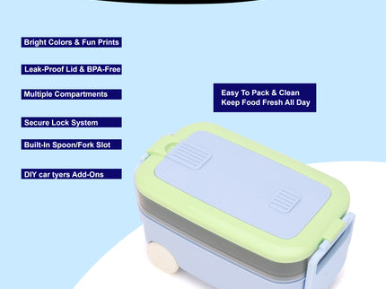 DIY Car Shape Plastic Lunch Boxes with spoon and fork| 2 Compartment at one layer and 1 compartment in bottle layer|Leakproof Bento Box for School Picnic Office Boys and Girls - BPA Free - 2-Side Lock