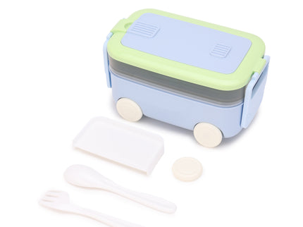 DIY Car Shape Plastic Lunch Boxes with spoon and fork| 2 Compartment at one layer and 1 compartment in bottle layer|Leakproof Bento Box for School Picnic Office Boys and Girls - BPA Free - 2-Side Lock