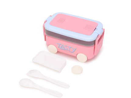 DIY Car Shape Plastic Lunch Boxes with spoon and fork| 2 Compartment at one layer and 1 compartment in bottle layer|Leakproof Bento Box for School Picnic Office Boys and Girls - BPA Free - 2-Side Lock