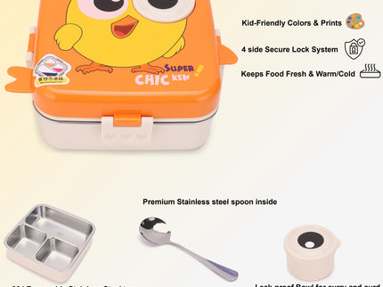 Kids Lunch Box – Stainless Steel Insulated Tiffin for School with Spoon, BPA-Free | Leak-Resistant Bento Box with Tray & Container | 1120ml + 70ml