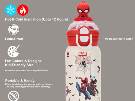 Marvels Spider-Man Double-Walled Stainless Steel Insulated Water Bottle 500 ml| Leakproof |BPA Free| Up to 24Hrs Hot&Cold| Girls & Boys | School, Picnic,Travel