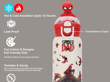Marvels Spider-Man Double-Walled Stainless Steel Insulated Water Bottle 500 ml| Leakproof |BPA Free| Up to 24Hrs Hot&Cold| Girls & Boys | School, Picnic,Travel