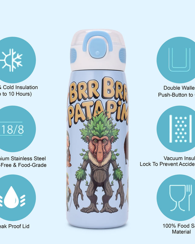 Stainless steel water bottle with cartoon monkey design on a light blue background
