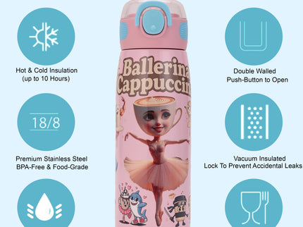 Brainrot Themed Stainless Steel Insulated Water Bottle 620 ml| Leakproof |BPA Free| Up to 12Hrs Hot&Cold| Girls & Boys | School, Picnic,Travel