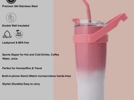 Tumbler with Top Handle and Phone Holder,1200ml Double Wall Vacuum Insulated Tumbler with Flip Straw,Insulated Stainless Steel Leak Proof Spill Proof Water Tumbler for Men and Women Cup ,Water, ice tea ,Travel, Sports , car Coffee Mug (Pink,1 pack)