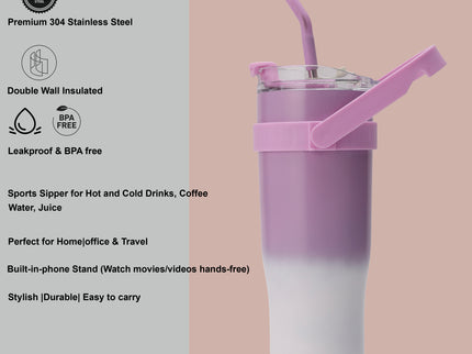 Tumbler with Top Handle and Phone Holder,1200ml Double Wall Vacuum Insulated Tumbler with Flip Straw,Insulated Stainless Steel Leak Proof Spill Proof Water Tumbler for Men and Women Cup ,Water, ice tea ,Travel, Sports , car Coffee Mug (Pink,1 pack)