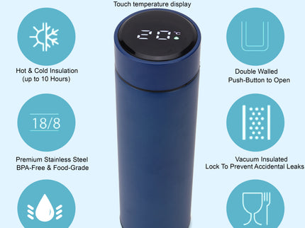 Smart Design LED Display Temperature Hot & Cold upto 12 hours Bottle|500ml Vacuum Insulated Stainless Steel Flask with Touch Screen | Leakproof Travel Water Bottle | BPA-Free Thermos for Kids, Fitness, Sports