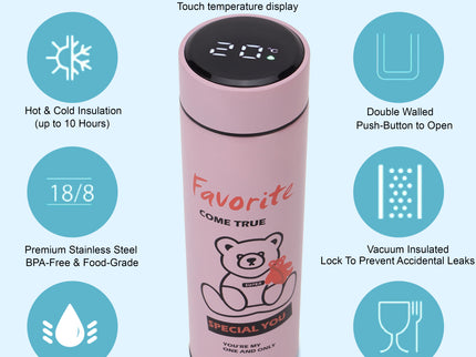 Smart Design LED Display Temperature Hot & Cold upto 12 hours Bottle|500ml Vacuum Insulated Stainless Steel Flask with Touch Screen | Leakproof Travel Water Bottle | BPA-Free Thermos for Kids, Fitness, Sports