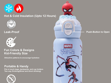 Marvels Spider-Man Double-Walled Stainless Steel Insulated Water Bottle 500 ml| Leakproof |BPA Free| Up to 24Hrs Hot&Cold| Girls & Boys | School, Picnic,Travel