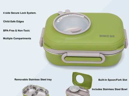 Kids Smart Lunch Box – Stainless Steel Insulated Tiffin for School with Spoon, BPA-Free |Bento Box with Tray & Container | 1120ml + 70ml 