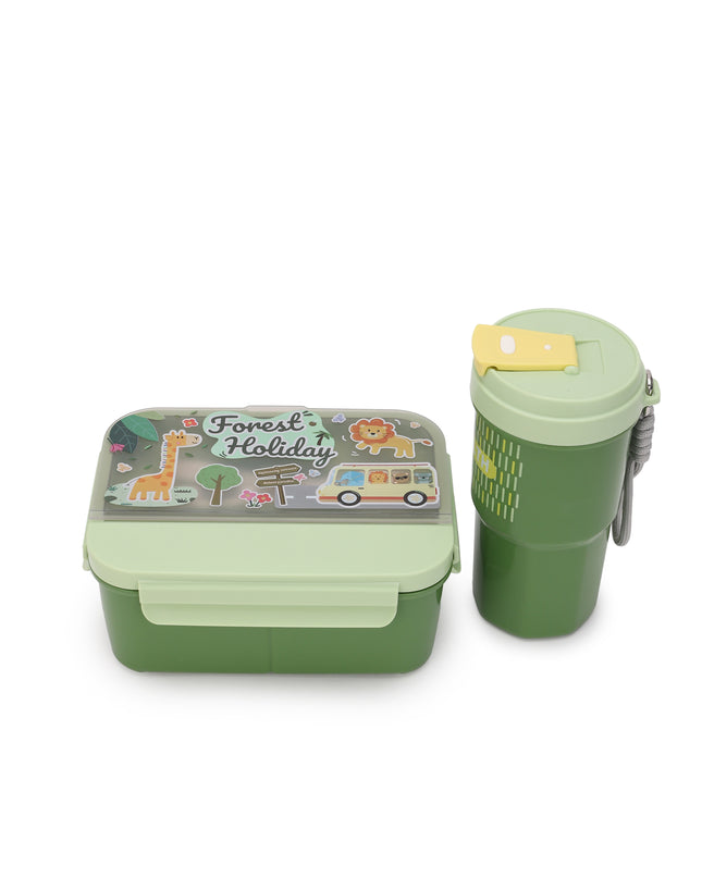 Kids Lunch Boxes 600 ml with 500ml Water Bottle Combo|Lunch Box Combo with Bottle|spoon and fork| Plastic 3 Compartment Leakproof Bento Box for School Picnic Office Boys and Girls - BPA Free - 4-Side Lock