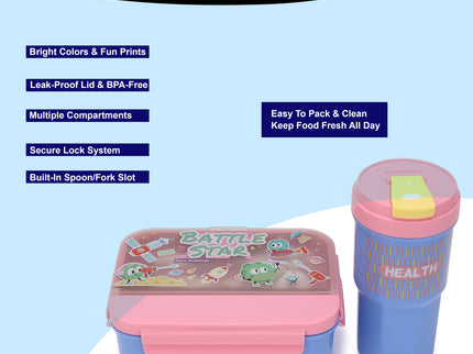 Kids Lunch Boxes 600 ml with 500ml Water Bottle Combo|Lunch Box Combo with Bottle|spoon and fork| Plastic 3 Compartment Leakproof Bento Box for School Picnic Office Boys and Girls - BPA Free - 4-Side Lock