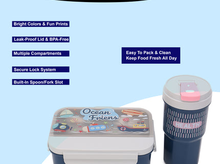 Kids Lunch Boxes 600 ml with 500ml Water Bottle Combo|Lunch Box Combo with Bottle|spoon and fork| Plastic 3 Compartment Leakproof Bento Box for School Picnic Office Boys and Girls - BPA Free - 4-Side Lock