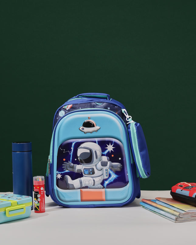 Space Astronaut 3D School Bag with cartoon Design|KIDS BAG| Water Resistant |14 Inch|Boys&Girls School Bag, Blue Color