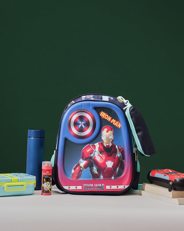 Iron Man 3D School Bag with cartoon Design|KIDS BAG| Water Resistant |14 Inch|Boys&Girls School Bag Red & Blue color