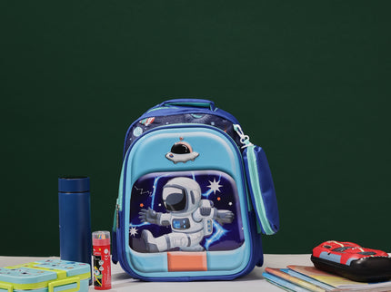 Space Astronaut 3D School Bag with cartoon Design|KIDS BAG| Water Resistant |14 Inch|Boys&Girls School Bag, Blue Color
