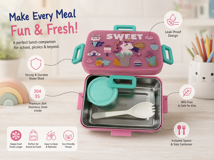 Cute Lion King/Dino/Unicorn Lunch Box for kids – Stainless Steel Insulated Tiffin for School,travel|BPA-Free, PU Insulated, Leak-Proof, Food Grade