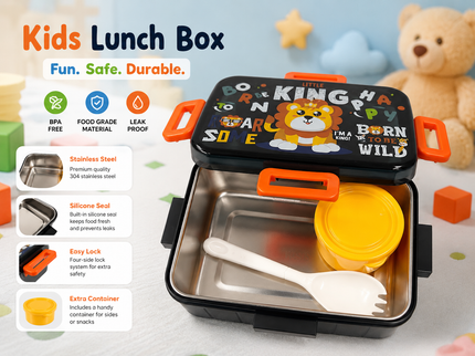 Cute Lion King/Dino/Unicorn Lunch Box for kids – Stainless Steel Insulated Tiffin for School,travel|BPA-Free, PU Insulated, Leak-Proof, Food Grade