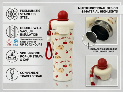 Cute Design Round cap Double-Walled 316 Stainless Steel Insulated Water Bottle 650 ml| Leakproof |BPA Free| Up to 12Hrs Hot&Cold| Girls & Boys | School, Picnic,Travel