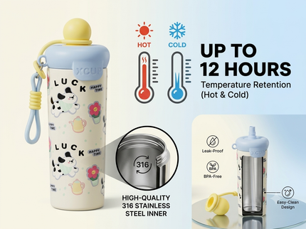 Cute Design Round cap Double-Walled 316 Stainless Steel Insulated Water Bottle 650 ml| Leakproof |BPA Free| Up to 12Hrs Hot&Cold| Girls & Boys | School, Picnic,Travel