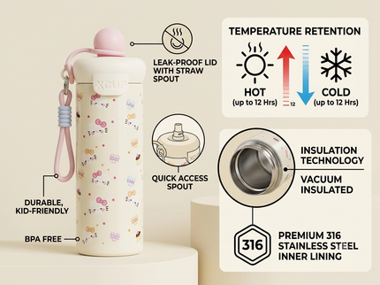 Cute Design Round cap Double-Walled 316 Stainless Steel Insulated Water Bottle 650 ml| Leakproof |BPA Free| Up to 12Hrs Hot&Cold| Girls & Boys | School, Picnic,Travel