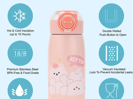 Double-Walled Stainless Steel Insulated Water Bottle 470 ml| Leakproof |BPA Free| Up to 24Hrs Hot&Cold| Girls & Boys | School, Picnic,Travel