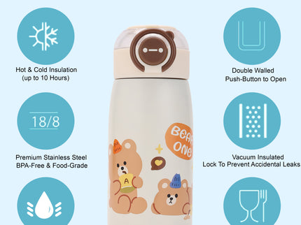 Double-Walled Stainless Steel Insulated Water Bottle 470 ml| Leakproof |BPA Free| Up to 24Hrs Hot&Cold| Girls & Boys | School, Picnic,Travel