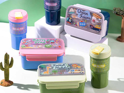 Kids Lunch Boxes 600 ml with 500ml Water Bottle Combo|Lunch Box Combo with Bottle|spoon and fork| Plastic 3 Compartment Leakproof Bento Box for School Picnic Office Boys and Girls - BPA Free - 4-Side Lock