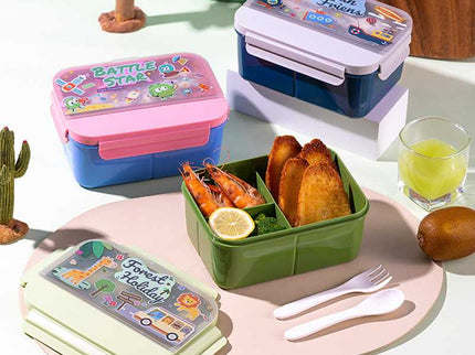 Kids Lunch Boxes 600 ml with 500ml Water Bottle Combo|Lunch Box Combo with Bottle|spoon and fork| Plastic 3 Compartment Leakproof Bento Box for School Picnic Office Boys and Girls - BPA Free - 4-Side Lock