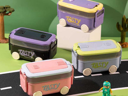 DIY Car Shape Plastic Lunch Boxes with spoon and fork| 2 Compartment at one layer and 1 compartment in bottle layer|Leakproof Bento Box for School Picnic Office Boys and Girls - BPA Free - 2-Side Lock