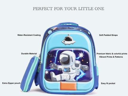Space Astronaut 3D School Bag with cartoon Design|KIDS BAG| Water Resistant |14 Inch|Boys&Girls School Bag, Blue Color
