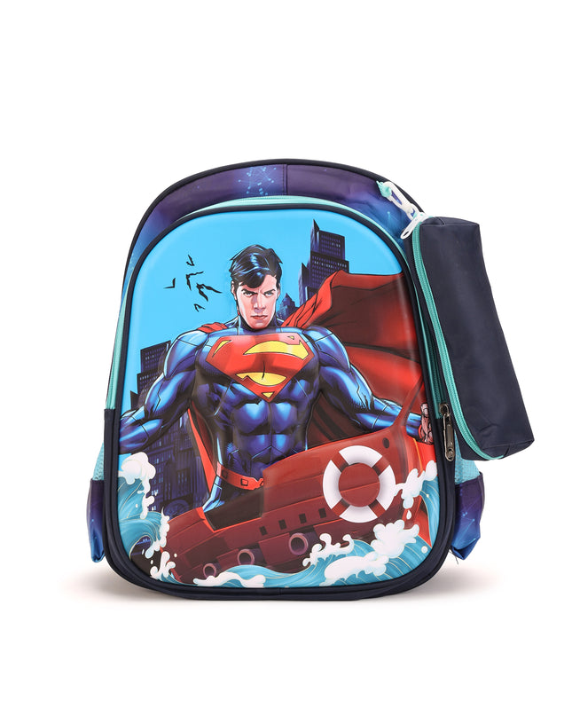 Superman 3D School Bag with cartoon Design|KIDS BAG| Water Resistant |14 Inch|Boys&Girls School Bag, Blue color