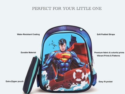 Superman 3D School Bag with cartoon Design|KIDS BAG| Water Resistant |14 Inch|Boys&Girls School Bag, Blue color