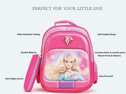 Barbie Pink 3D School Bag with cartoon Design|KIDS BAG| Water Resistant |14 Inch|Boys&Girls School Bag, Pink color