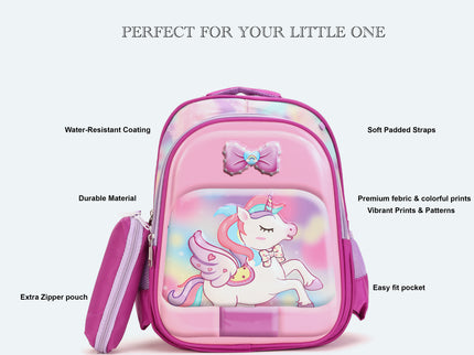 Unicorn Pink 3D School Bag with cartoon Design|KIDS BAG| Water Resistant |14 Inch|Boys&Girls School Bag, Pink color