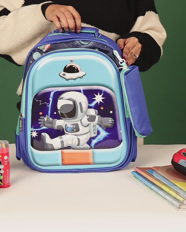 Space Astronaut 3D School Bag with cartoon Design|KIDS BAG| Water Resistant |14 Inch|Boys&Girls School Bag, Blue Color