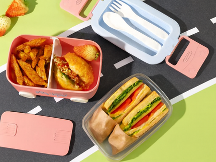 DIY Car Shape Plastic Lunch Boxes with spoon and fork| 2 Compartment at one layer and 1 compartment in bottle layer|Leakproof Bento Box for School Picnic Office Boys and Girls - BPA Free - 2-Side Lock